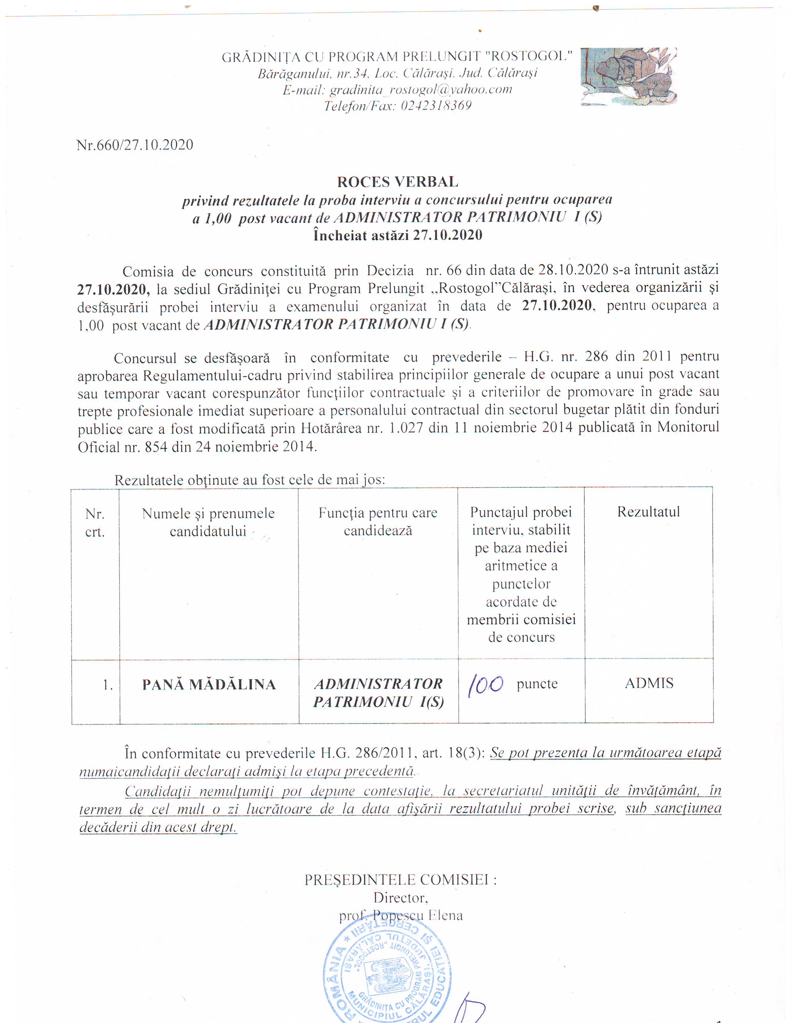 Proces verbal privind rezultatele la proba interviu pentru postul de administrator patrimoniu 27.10.2020